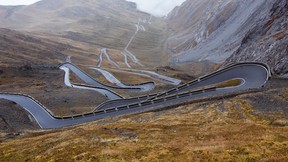 The Stelvio Pass in the Italian Alps, at 2757 m (9045 ft), the highest paved mountain pass in the Eastern Alps.