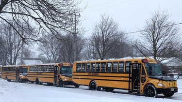 Perth County council has directed staff to research the potential for installing stop-arm camera on area school buses to capture images of vehicles that pass school buses while they’re stopped dropping off or picking up students. Pictured, school buses wait to pick up students at St. Aloysius Catholic Elementary School in Stratford Thursday afternoon. (Galen Simmons/The Beacon Herald)