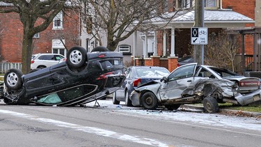 A motor vehicle accident at about 9:10 a.m. Tuesday December 7, 2021 closed a portion of Erie Avenue near Port Street in Brantford, Ontario for about one hour. Police say there were no serious injuries.