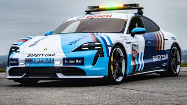 The Porsche Taycan Turbo S safety car’s paintwork flies the colours of all 11 teams competing in the championship, as well as the colours of the FIA and Formula E.