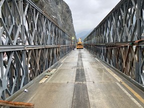 Highway 1 through the Fraser Canyon at Jackass Mountain, where there is still a single-lane alternating bridge. The stretch has reopened, but there will be delays.