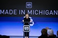 General Motors CEO Mary Barra announces a US$7-billion investment, the largest in the company's history, in electric vehicle and battery production in Michigan on January 25, 2022 in Lansing, Michigan.