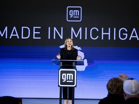 General Motors CEO Mary Barra announces a US$7-billion investment, the largest in the company's history, in electric vehicle and battery production in Michigan on January 25, 2022 in Lansing, Michigan.
