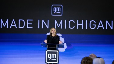 General Motors CEO Mary Barra announces a US$7-billion investment, the largest in the company's history, in electric vehicle and battery production in Michigan on January 25, 2022 in Lansing, Michigan.