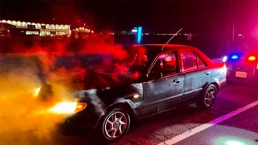 Abbotsford police tweeted out this photo of a 2003 Mazda Protege with a blown engine after the young driver was pulled over for going 200 km/h on Highway 1.