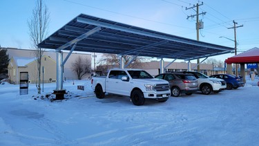 The City of Leduc's solar carport at 49 St. and 49 Ave. is almost installed, and will begin generating electricity as soon as electrical work is completed. (Dillon Giancola)