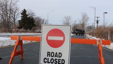 The Front Street entrance to westbound Highway 402, near the Bluewater Bridge in Sarnia, was closed on Wednesday Feb. 9, 2022. (Paul Morden/Postmedia Network)