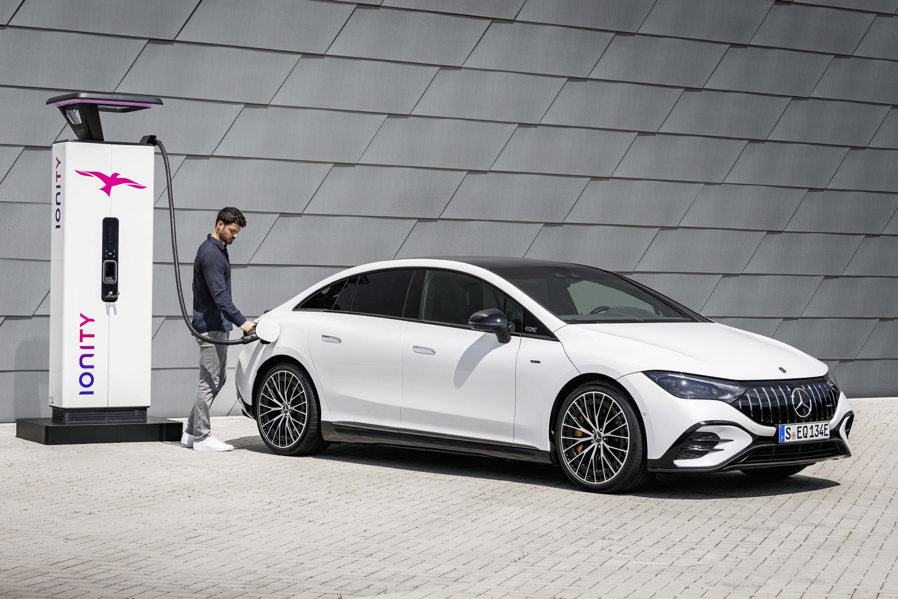 A 2023 Mercedes-AMG EQE 53 4MATIC+ being charged at an Ionity EV charger