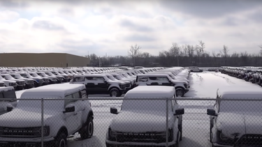 A parking lot full of new Ford Broncos missing their semiconductors