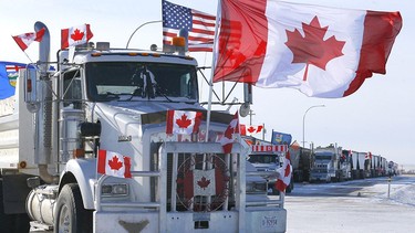 An agreement between truckers and RCMP saw one lane of traffic opened both ways at the Coutts border crossing on Wednesday, Feb. 2, 2022.