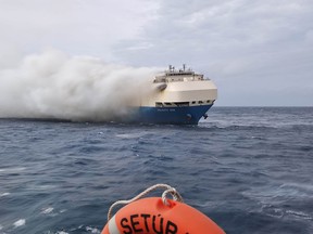 The ship, Felicity Ace, which was traveling from Emden, Germany, where Volkswagen has a factory, to Davisville, in the U.S. state of Rhode Island, burns more than 100 km from the Azores islands, Portugal, February 18, 2022.