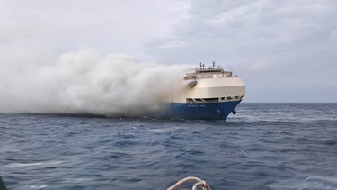 The ship, Felicity Ace, which was traveling from Emden, Germany, where Volkswagen has a factory, to Davisville, in the U.S. state of Rhode Island, burns more than 100 km from the Azores islands, Portugal, February 18, 2022.