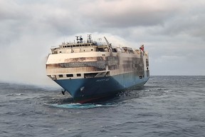The ship, Felicity Ace, which was traveling from Emden, Germany, where Volkswagen has a factory, to Davisville, in the U.S. state of Rhode Island, burns more than 100 km from the Azores islands, Portugal, February 18, 2022.