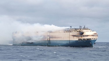 The ship, Felicity Ace, which was traveling from Emden, Germany, where Volkswagen has a factory, to Davisville, in the U.S. state of Rhode Island, burns more than 100 km from the Azores islands, Portugal, February 18, 2022.