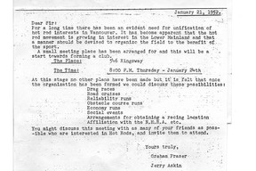 Ein Brief, der im Januar 1952 verschickt wurde und die Hot Rodder aus Vancouver zu einem Treffen einlud, bei dem die BC Custom Car Association gegründet wurde.