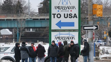 Anti-mandate protesters are shown on Wyandotte Street West near the Ambassador Bridge entrance to the United States on Thursday morning, February 10, 2022.