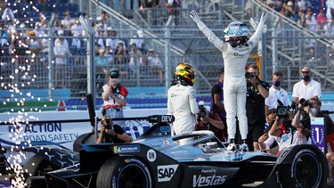 Mercedes-EQ Nyck de Vries driver celebrates after securing the Formula E driver's title last season in Berlin.