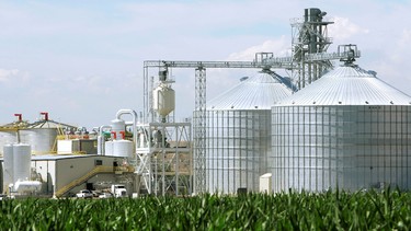 An ethanol plant with its giant corn silos next to a cornfield in Windsor, Colorado July 7, 2006.