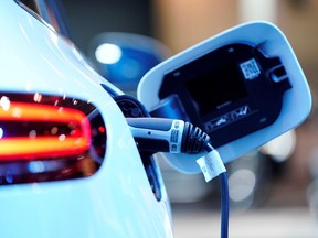 A charging port on a Mercedes Benz EQC 400 4Matic electric vehicle at the Canadian International AutoShow in Toronto.