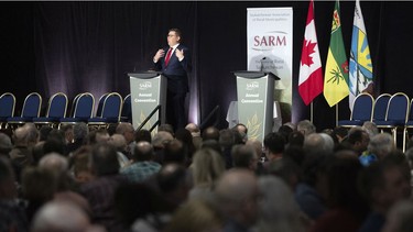 Premier Scott Moe addresses the Saskatchewan Association of Rural Municipalities annual convention on Wednesday in Regina.