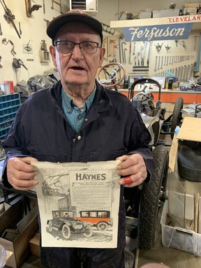 Al Millard in his shop with the 1924 Haynes automobile from Call of the West.