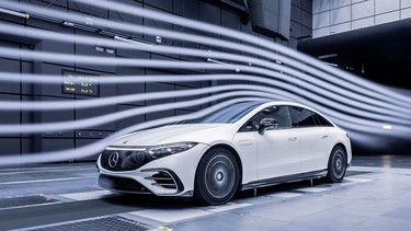 The Mercedes-Benz EQS EV undergoing wind tunnel testing