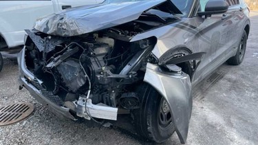 Damage to the front end of a LaSalle police vehicle that was rammed by a stolen pickup truck on the morning of March 14, 2022.
