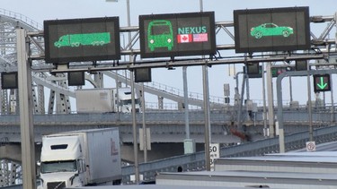 Trucks enter Canada from Michigan on the Blue Water Bridge near Sarnia.