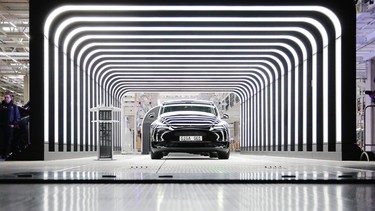 Newly completed Tesla electric cars at the official opening of the new Tesla electric car manufacturing plant on March 22, 2022 near Gruenheide, Germany.