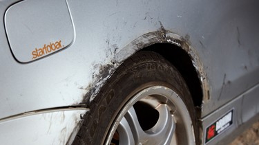 Damage from a shredded tire at the Hashiriya Ladies Spring Slide