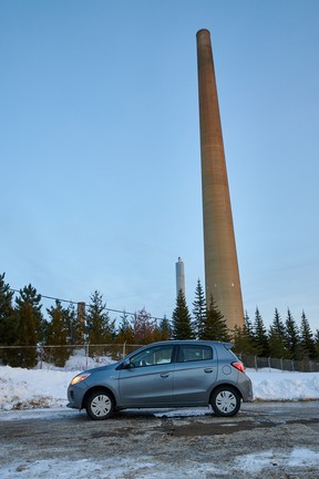 Mitsubishi Mirage ES beneath the Sudbury Superstack