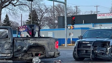 Edmonton police ended a chase with a pickup truck and a flatbed trailer around 7:30 p.m. on Sunday. March 3, 2022, near 66 Street and 118 Avenue. The event began in the Evergreen Trailer Park.