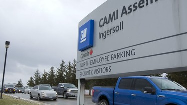 GM workers leave the CAMI plant in Ingersoll in a file photo taken on Jan. 27, 2017.