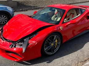 A new Ferrari wrecked 3 km after delivery, in Derbyshire, U.K. in April 2022