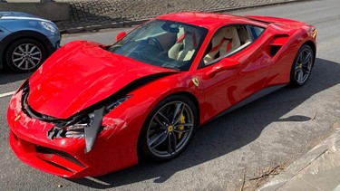 A new Ferrari wrecked 3 km after delivery, in Derbyshire, U.K. in April 2022