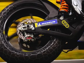 A Michelin tire on a Moto E race bike