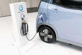 EV charging unit of the new Nissan Sakura (zero emission kei car) on display at Nissan Gallery in Yokohama, Kanagawa. Car maker Nissan presented a new EV kei car model exclusive for the Japanese market on May 20, 2022.