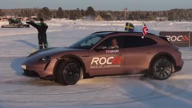 A Porsche Taycan about to set a record for most consecutive donuts on ice