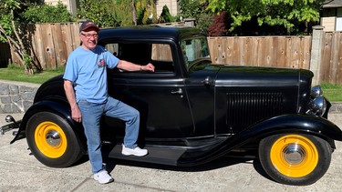 Coastal Swap Meet committee member Ron Wenger with his 1932 Ford hot rod largely put together with used parts.
