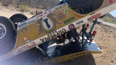 The iconic "Big Oly" racing Ford Bronco flipped on its roof during the NORRA Mexican 1000 rally in May 2022
