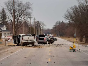 The scene of a fatal collision on County Road 34 between Leamington and Wheatley on the morning of March 18, 2022.