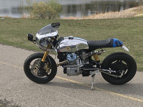 Built for his friend Jason Nycz, Stu Lloyd started with a 1982 Honda CX500C and completely modified it with a Lyta-style aluminum gas tank, Omega Racer fairing and Suzuki GSXR100R forks.