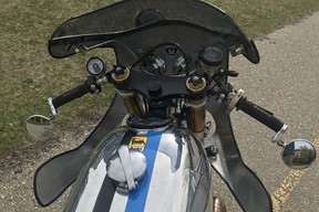 Rider’s view of the minimalist cockpit. The custom Honda CX500C is street legal, equipped with all lights and horns. CREDIT: Stu Lloyd