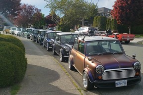 Eine Reihe klassischer Minis, die bereit sind, zum All-British Field Meet in Vancouver gefahren zu werden.