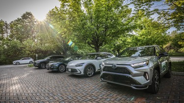 A selection of the dozen electrified vehicles staged at the beginning of AJAC EcoRun 2022 at the Kortright Centre in Woodbridge, Ontario.