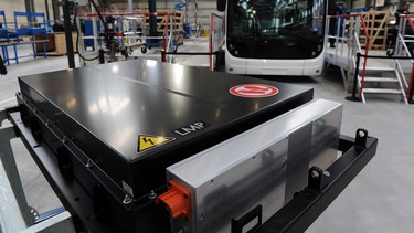 Lithium batteries of the BlueBus (background), a 2-meters-long electric bus dedicated to public transport, are pictured at the Bollore Group plant, in Ergue-Gaberic, western France, on January 15, 2016.