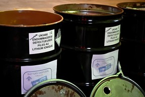 Buckets for lithium ion batteries for scooters of US transportation company ‘Bird’ are pictured in a maintenance hall in Marseille, southern France, on November 18, 2019.