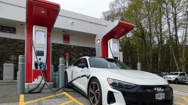 The Audi e-tron GT charging up at the Petro Canada station DC fast charger in Lynn Valley in North Vancouver. CREDIT: Andrew McCredie