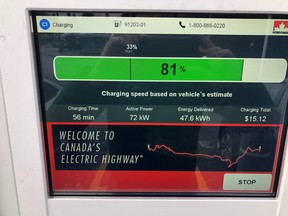 Using the Petro Canada DC fast charger, nearly 200 kilometres of range was added in just under an hour and for just $15.12. CREDIT: Andrew McCredie