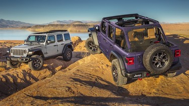 2023 Jeep® Wrangler Rubicon in new Earl exterior paint color (left) and limited-production Reign exterior paint color